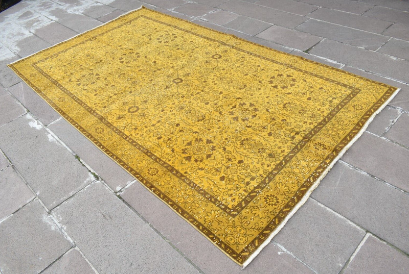 Vintage Turkish Rug 64'' x 113'' Anatolian Over Dyed Rug Painted Wool Area Rug gallery