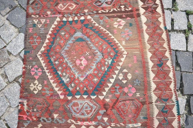 Antique Fragment Rug 31'' x 82'' Anatolian Kurdish Rug Herki Worn Rug Wall Rug gallery