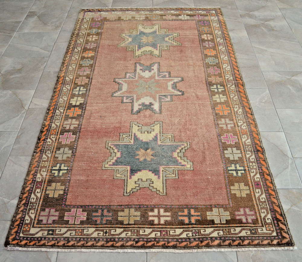 4x8 Rug Handmade Area Rug Low Pile Turkish Tribal Wool Rug Ethnic Rug 4′4″x7′7″