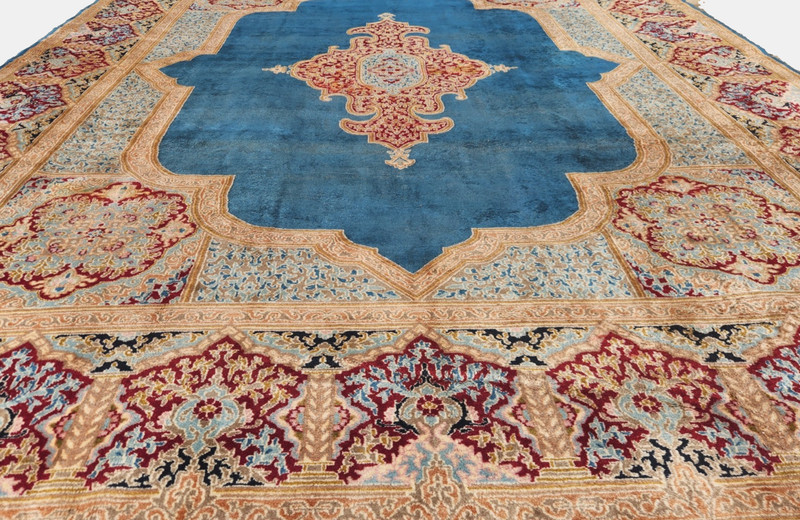*10"X13' ORIGINAL ANTIQUE CR1920 KRMAN HAND KNOTTED MEDALLION FINE WOOL BLUE RUG gallery
