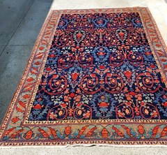Antique Large Mustafi Bijar Navy Blue Ground Handwoven Tribal Design Rug