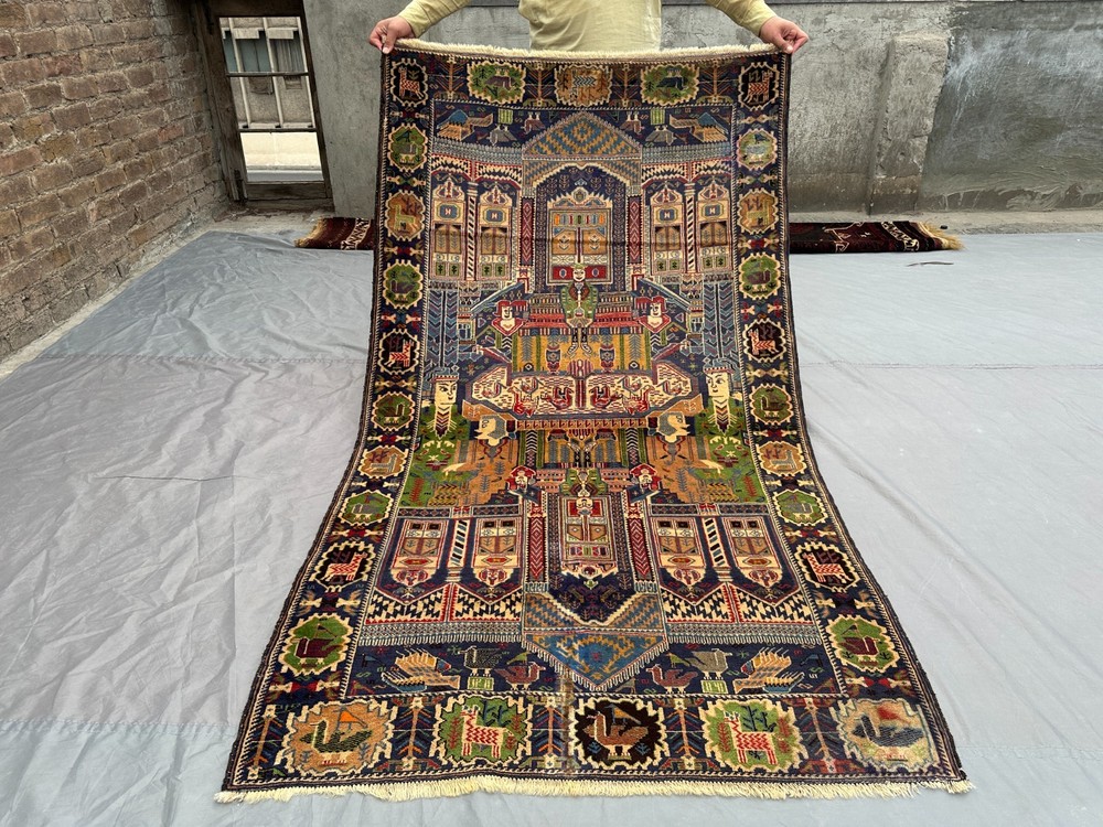 3'11x6'11 ft Pictorial Art Rug Afghan Hand Knotted Baluchi Antique Rare Area Rug