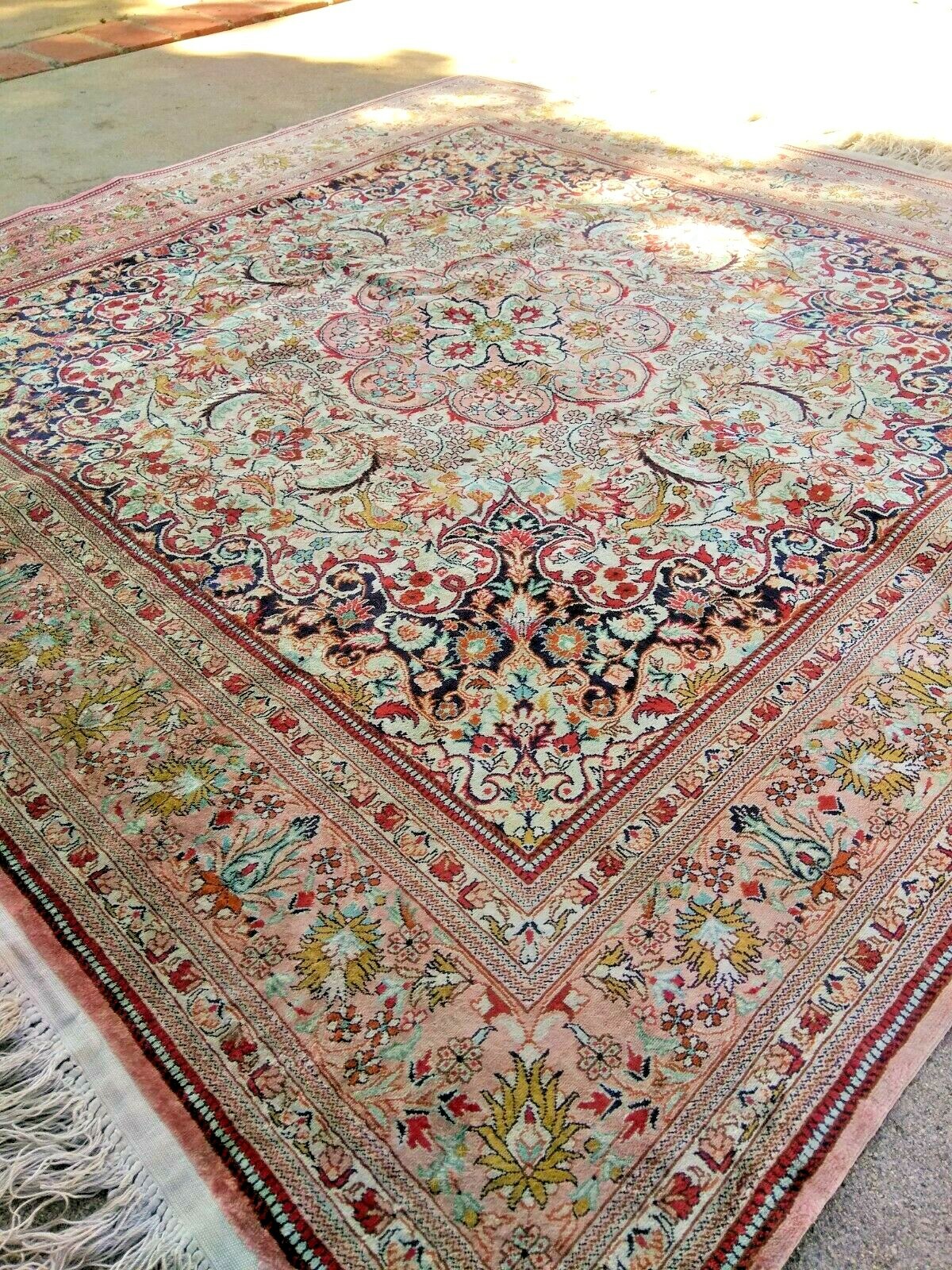 Antique 1970s EXQUISITE Fine Masterpiece Silk oriental square rug 4x4 gallery