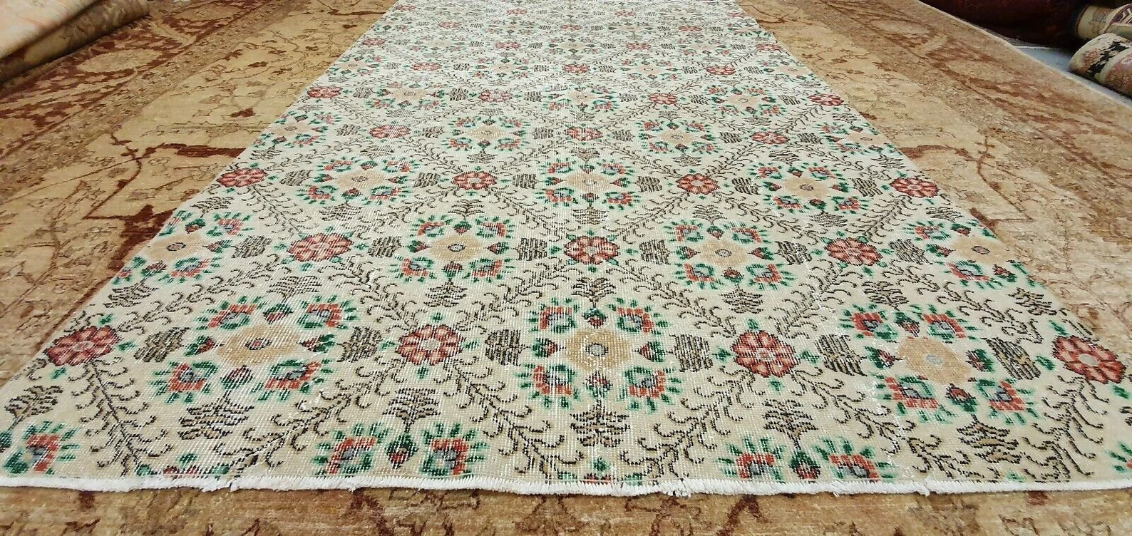 Antique 1940-1950's Wool Pile Natural Dye Legendary Oushak Area Rug 5'7"x8' gallery