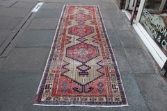 Vintage Worn Hand Made Traditional Oriental Wool Brown Pink Long Runner 314x96cm