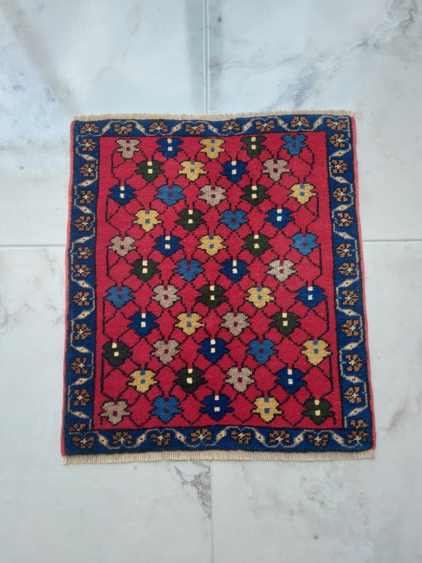 1900s Square Handmade Antique Rug Blue Floral Geometric Rug Free Shipping Rug gallery