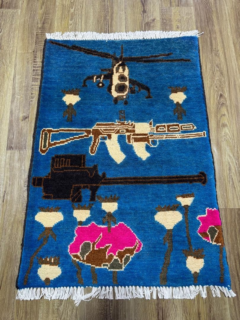 Opium, AK47, 9/11, drone, Palestine USA, Afghan war rugs, hand made carpets, s17 gallery