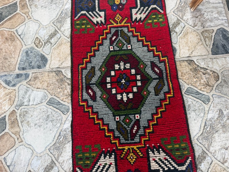 Vintage Small Anatolian Accent Rug Handknotted Red Tribal Wool Yastik Mat 1x3 ft gallery
