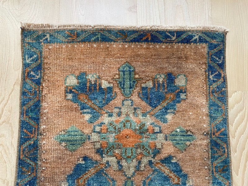 Vintage Turkish Oushak Rug: Orange & Blue Wool Doormat, Square rug (1.6x1.6 ft) gallery