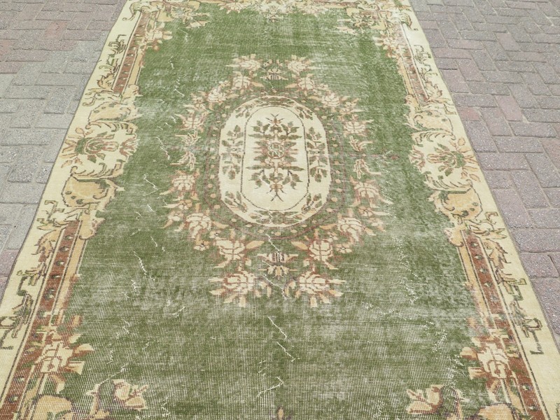 Olive Green Large Vintage Distressed Carpet, Turkish Handwoven Rug 66"x110" gallery