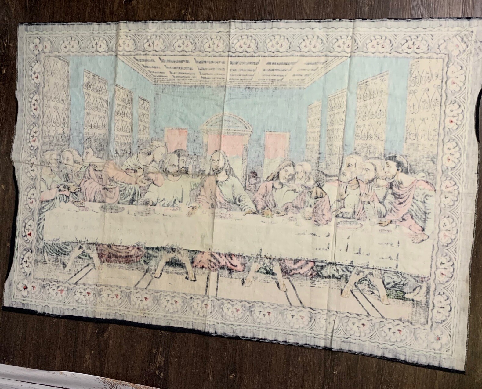 1950's Large Vintage Jesus Last Supper Tapestry Rug Wall Hanging 76" X 49" NICE gallery