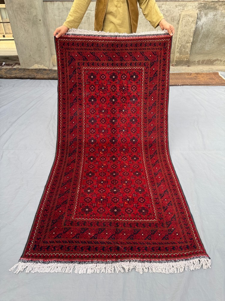 3'3 x 6'3 Vintage Afghan Hand-Knotted Turkoman Rare Rug Red Wool Tribal Area Rug