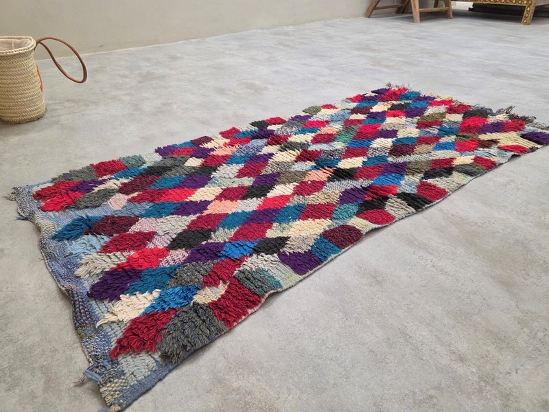 Moroccan Handmade Vintage Runner 2'6"x4'7" Berber Sky blue & Burgundy Cotton Rug gallery