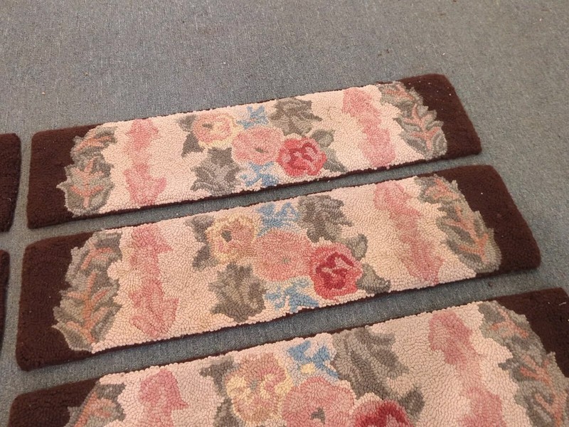 10 Antique Primitive Country Handmade Hook Wool Hooked Stair Treads Floral Rug gallery