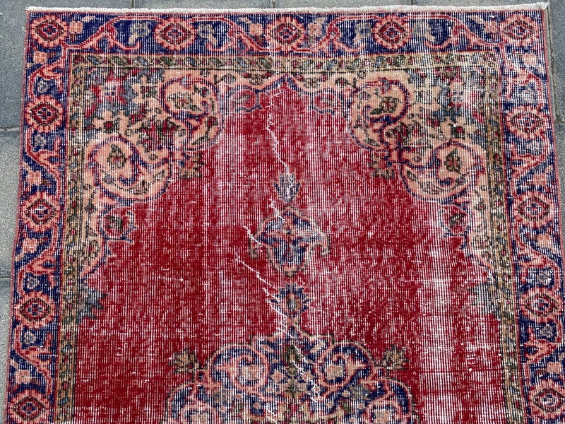 Vintage Turkish Area Rug 3.7 x 5.8 ft Hand Knotted Wool Red Distressed Carpet gallery