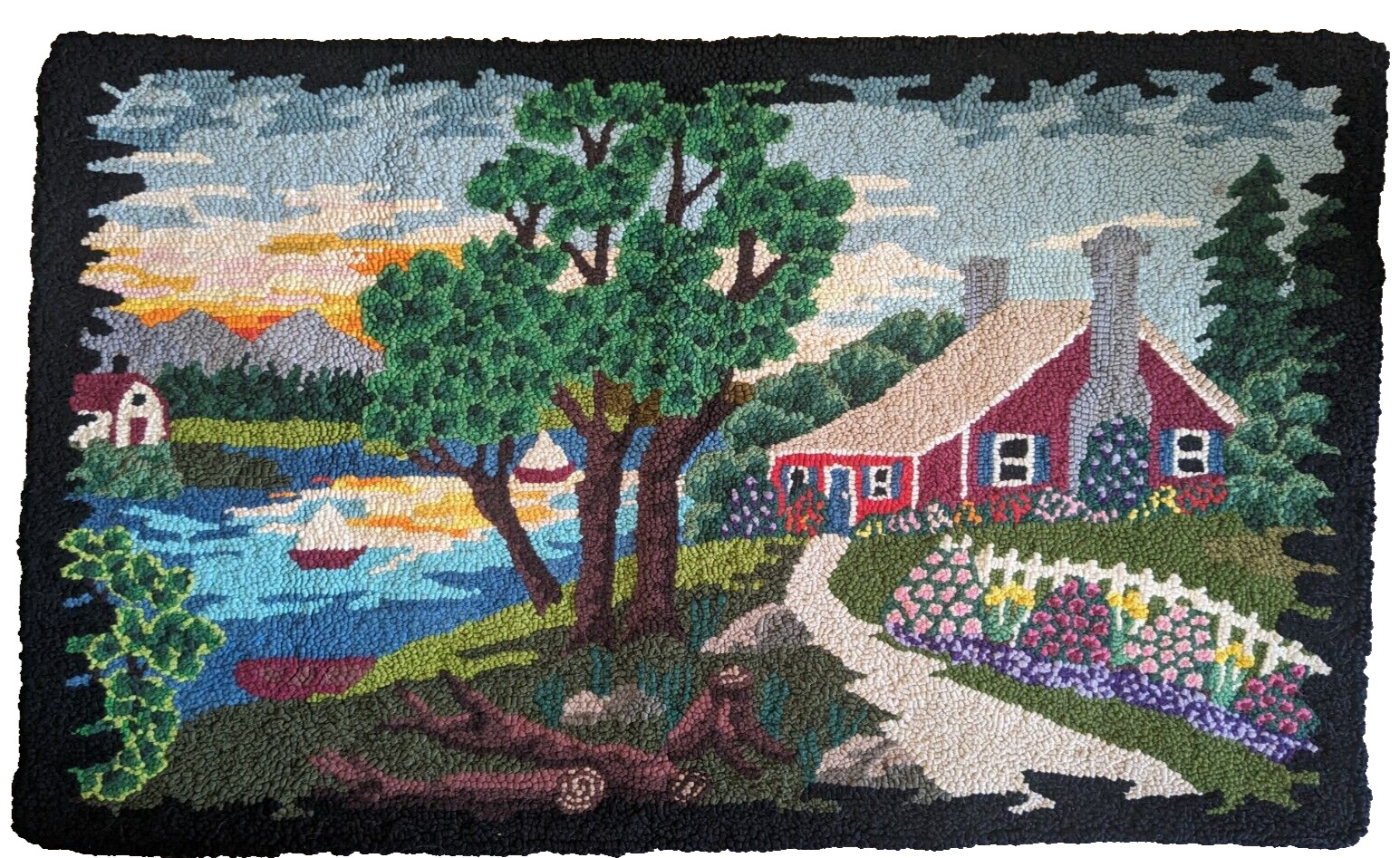 Vintage Hand Made Hooked Rug Cottage SceneryTapestry 38" x 23" gallery