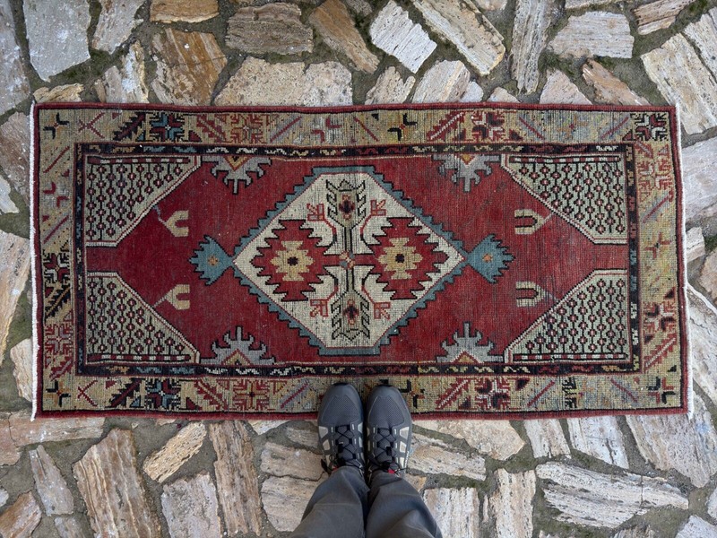 Hand-Knotted Vintage Geometric Carpet 2x5 Red Wool Medium Size Bedroom Rug gallery