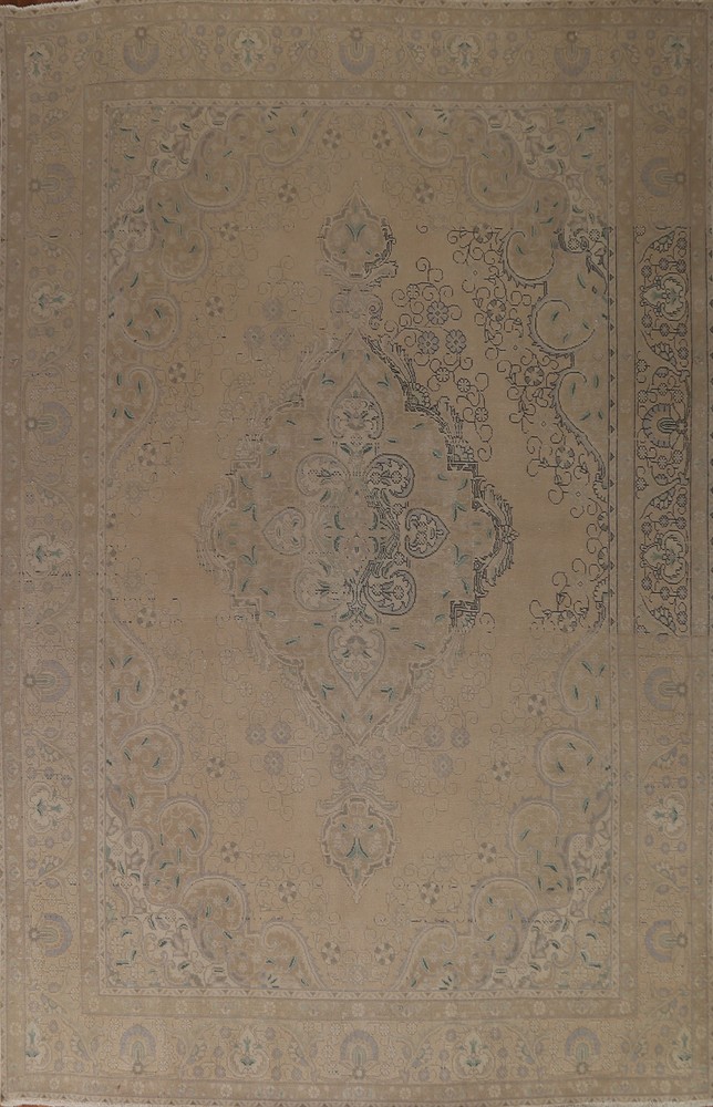 Vintage Muted Beige Distressed Tebriz Living Room Rug 10x13 Wool Hand-made Rug