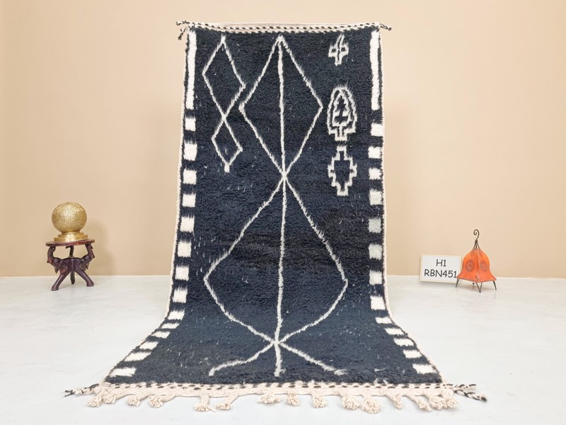 Moroccan Handmade Beniourain Rug 3'4x7'1 Berber Geometric Black Wool Carpet gallery