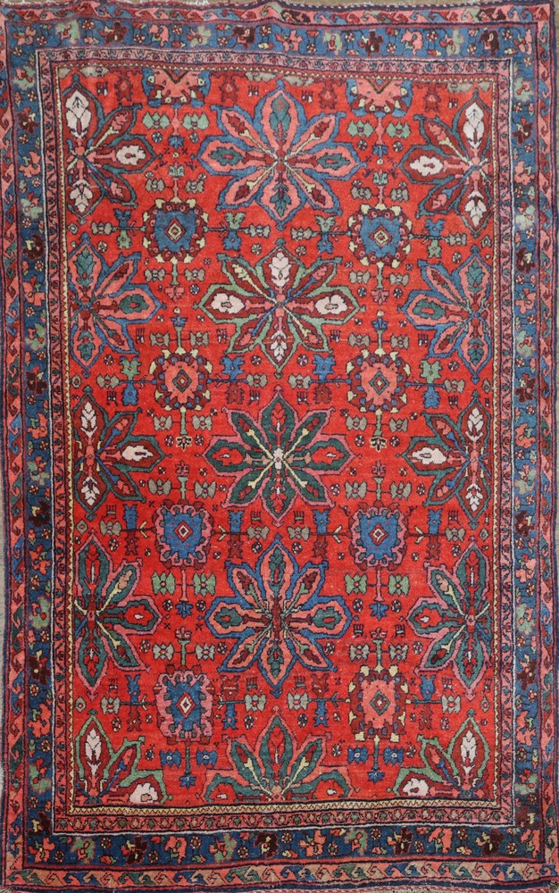 Pre-1900 Antique Vegetable Dye Rug 4x7 Ft Handmade Geometric Wool Red Carpet