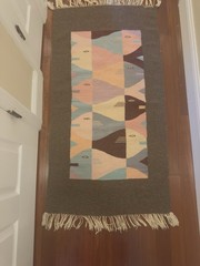 Zapotec Wool Red Rug 26×56 Hand Woven School of Fish Abstract Oaxacan Fringe