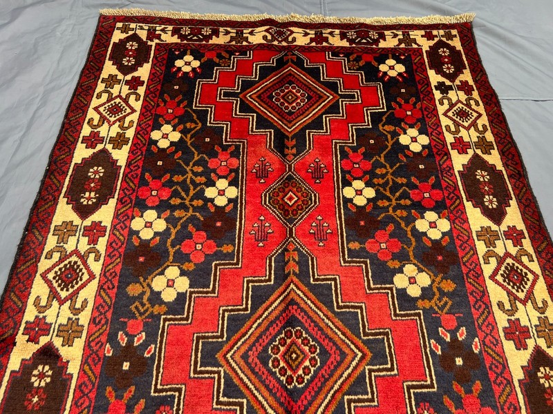 3'6x7'6 ft Vintage Afghan Baluchi Hand-Knotted Floral Geometric Red & Yellow Rug gallery
