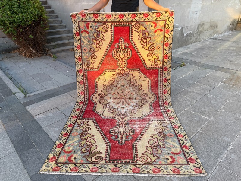 Vintage Turkish Wool Rug 4.4x7.4 Ft Red Ivory Geometric Handmade Carpet gallery