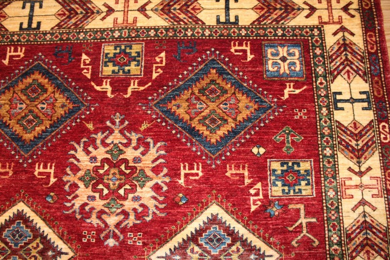 9' X 6' AUTHENTIC Handmade Rug Caucasian Kazak Design From Afghanistan Red color gallery