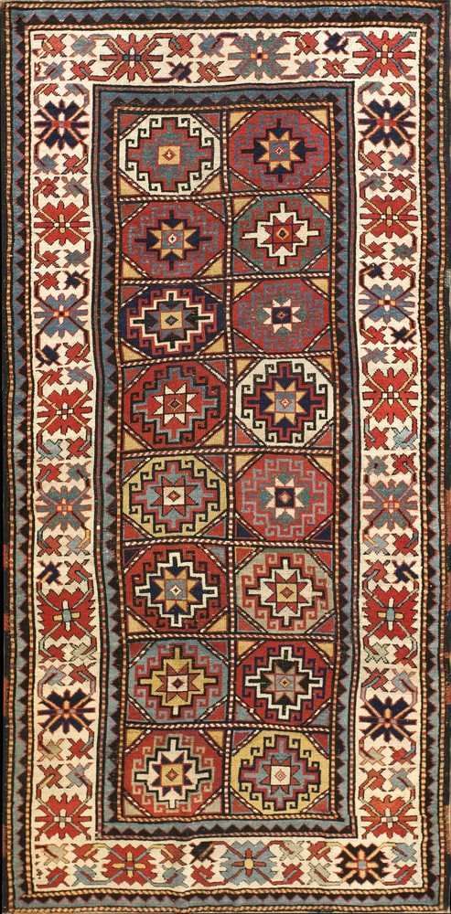 4'x8' Exciting Bold Tribal Geometric Grid Pattern Antique Caucasian Moghan Rug