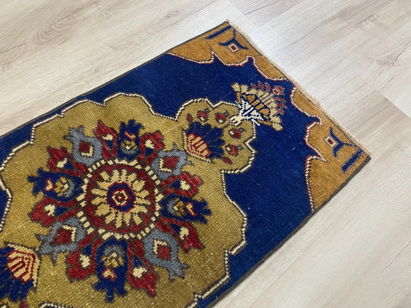 Vintage Turkish Hand Knotted Wool Runner Rug 1.3x2.6 Ft Blue Anatolian Rug gallery