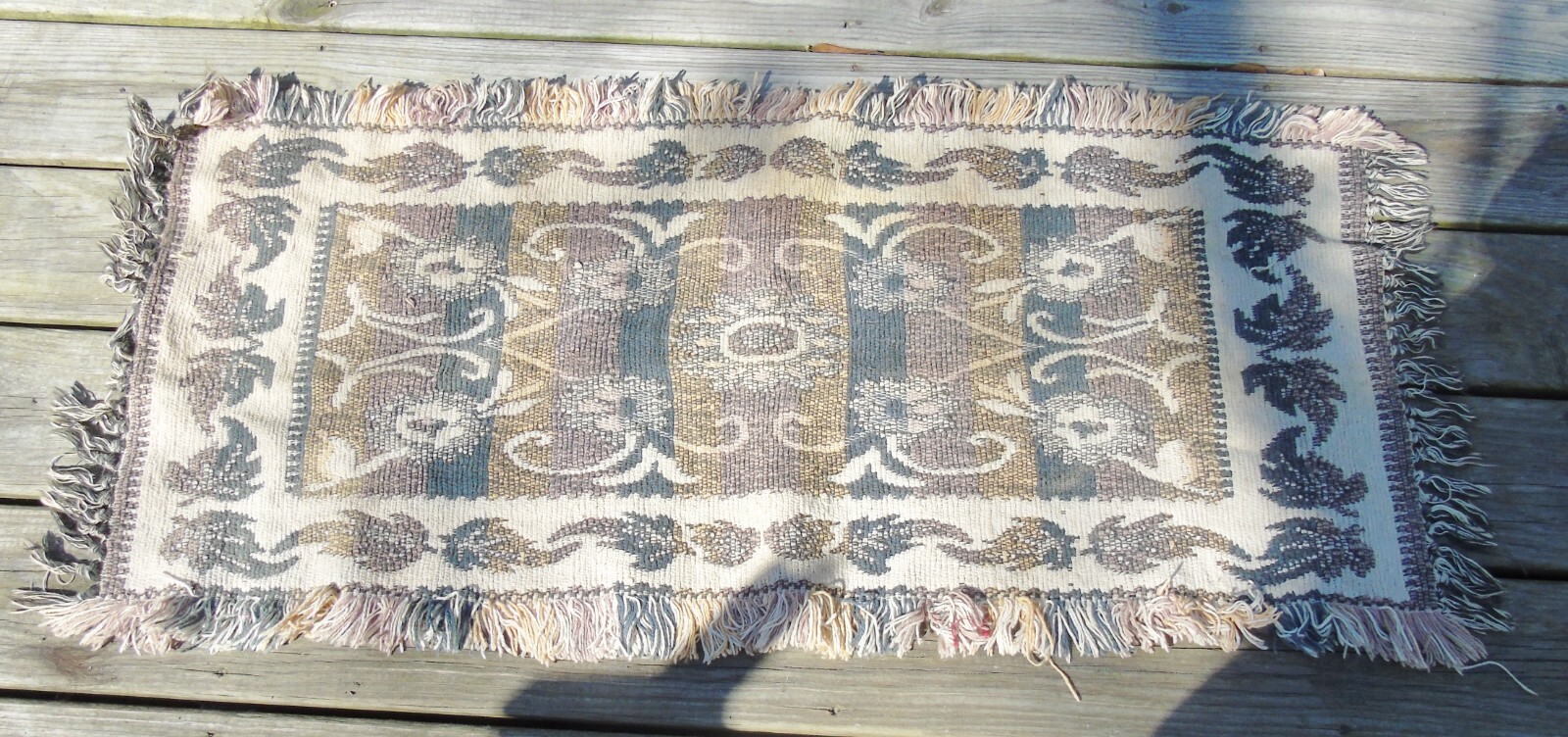 Vintage Small Rag Rug Browns Fringe Leaf Design gallery