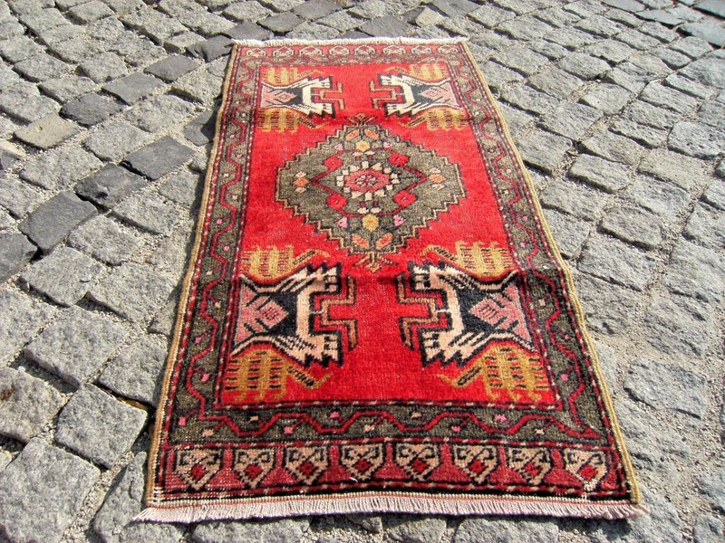 Vintage Turkish Rug Anatolian Small OUSHAK Yastik Rug 21'' X 40'' Wool Pile Rug gallery