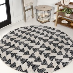 Vintage Tribal Cream Black Round Rug Low Pile Bohemian Style 4 Feet