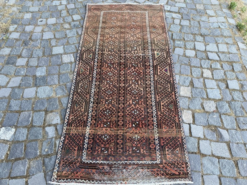 Vintage Oushak Rug, Hand-Knotted Wool, Dark Brown Rust Tribal Small Runner Rug gallery