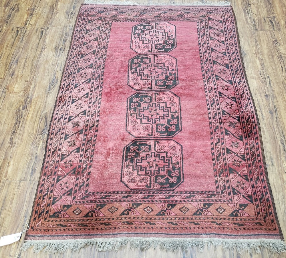 Antique Bukhara Area Rug Vintage Afghan Bashir Carpet 4x6 Hand-Knotted Red Black