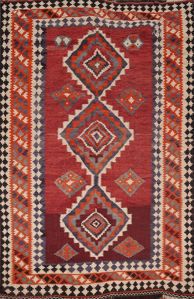 Hand-Woven Vintage Kilim Rug 5x7 Ft Geometric Orange / Red Wool Oriental Carpet