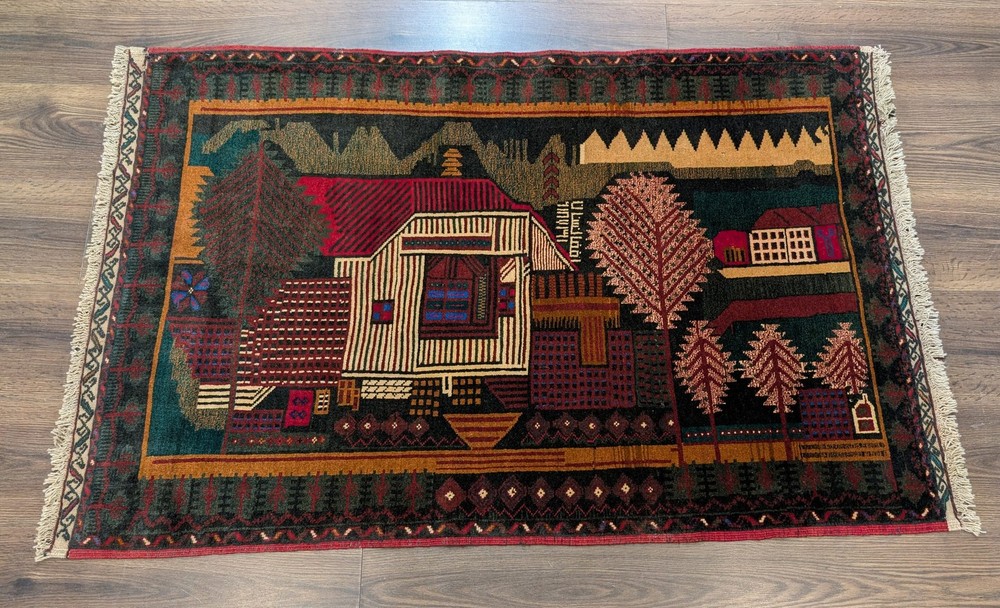 Afghan Rug 3x5 Pictorial Village Scene Tribal Rug Handmade Balouchi Carpet New
