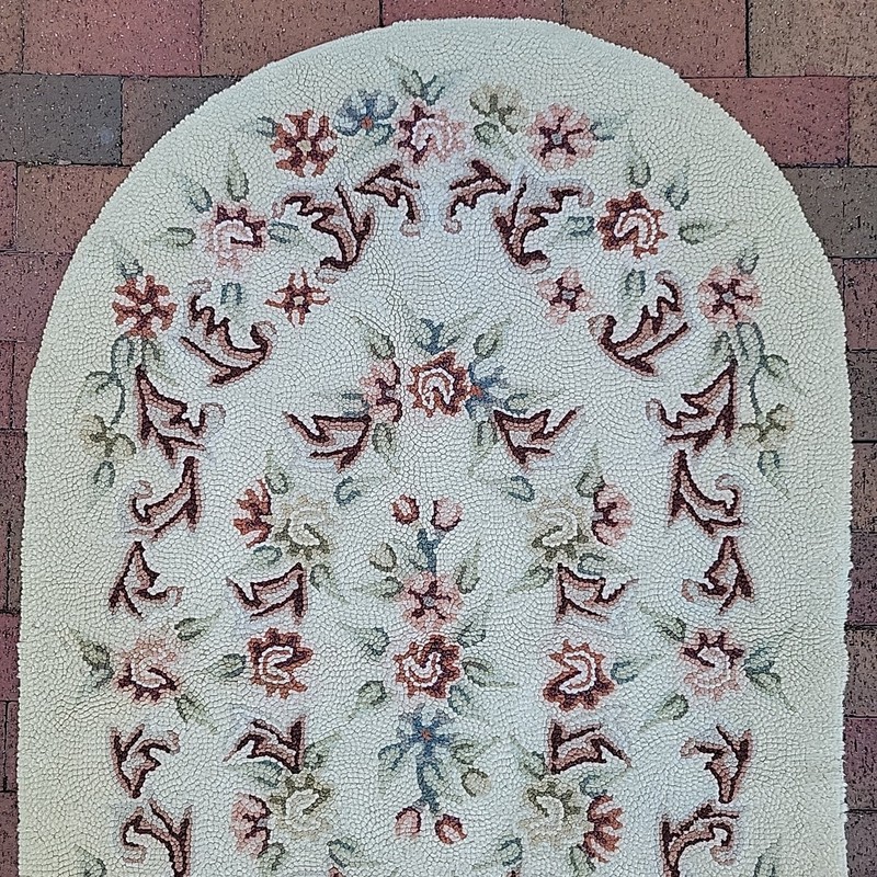 Floral Needlepoint Rug Oval Handmade Primitive Punch Needle Earth Tone 33x54 GVC gallery