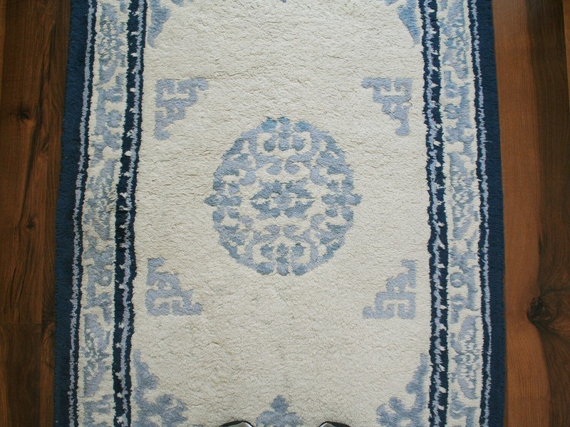 Chinese Peking Style Rug, Blue and White, 1960's , Handmade in India gallery