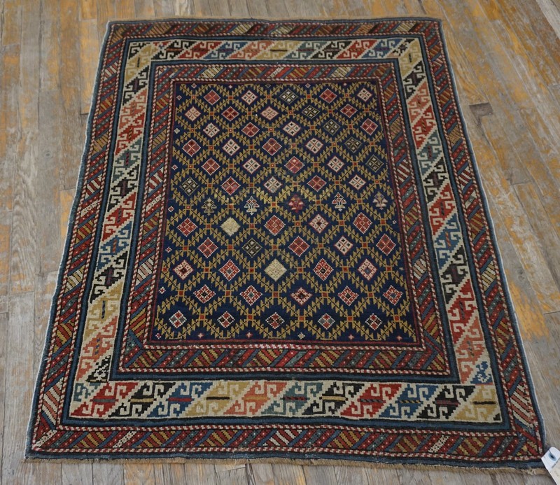 3'x4' Late 19th Century Antique Blue Square Tribal Geometric Caucasian Shirvan gallery
