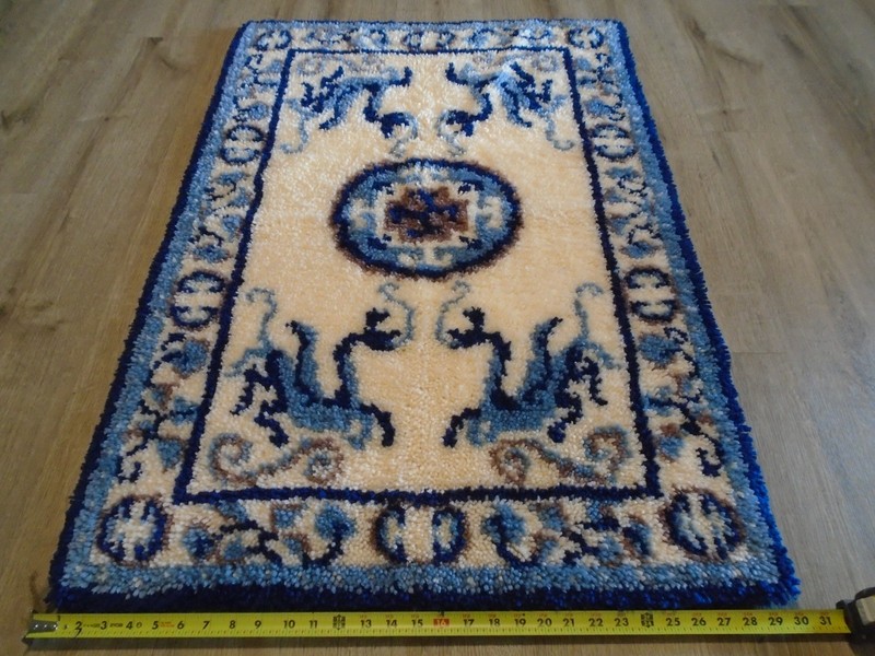 Vintage Hand Made Hooked Oriental Theme Dragons Rug Hanging 44"X30" gallery