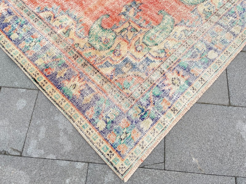 Vintage Turkish Rug 6x10 Faded Distressed Oushak Carpet 5.5x9.5 Terracotta Blue gallery