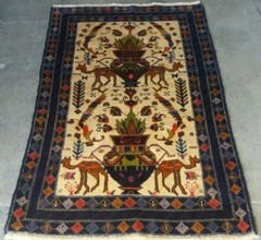 AR Handmade Vintage Rug/ Afghan Tribal Baluchi Wool Rug/ Medallion 136 x 87 Cm