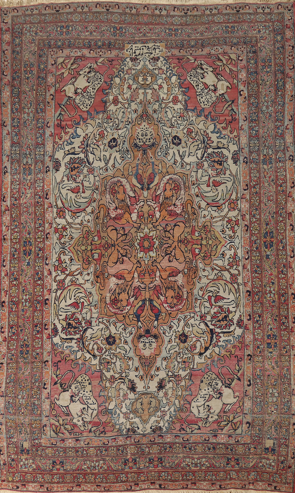 Pre-1900 Animal Design Vegetable Dye Handmade Kirman Ravar Antique Rug 6x12 gallery