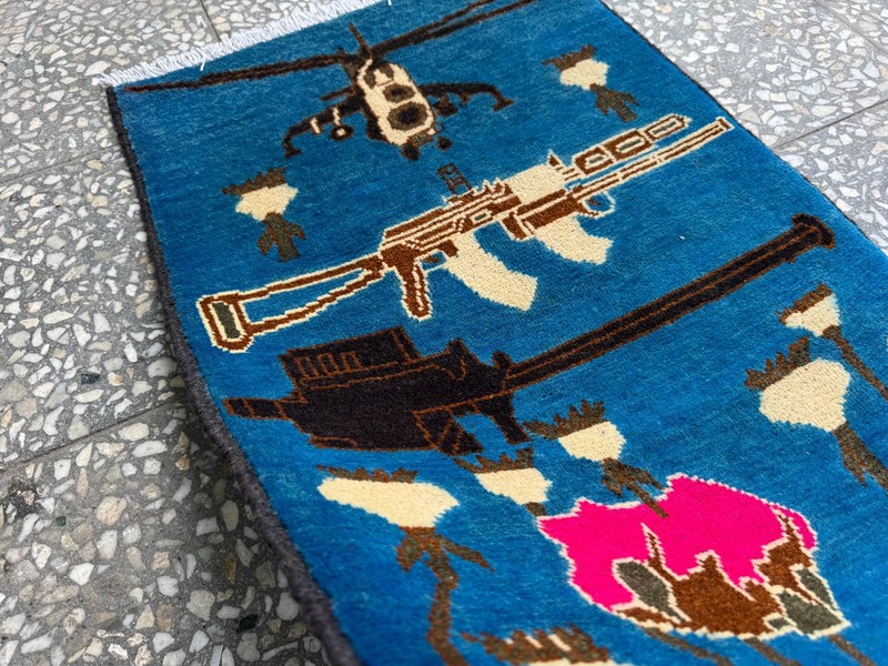 2x3 Afghan Hand Knotted War Rug Helicopter Rifle Blue Wool Carpet New gallery