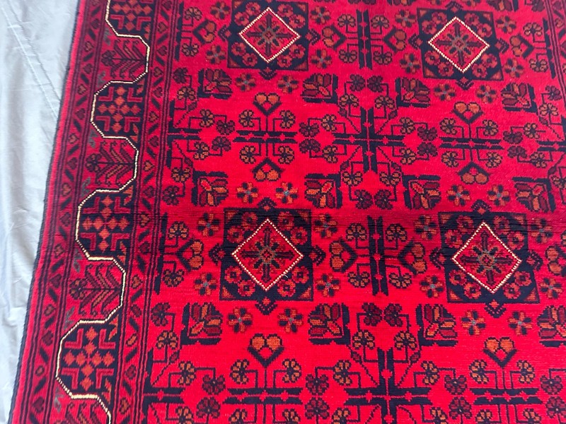 Hand Knotted Afghan Turkmen Rug Khal Mohammadi Red Geometric Moss Rug 3'7x5'2 gallery