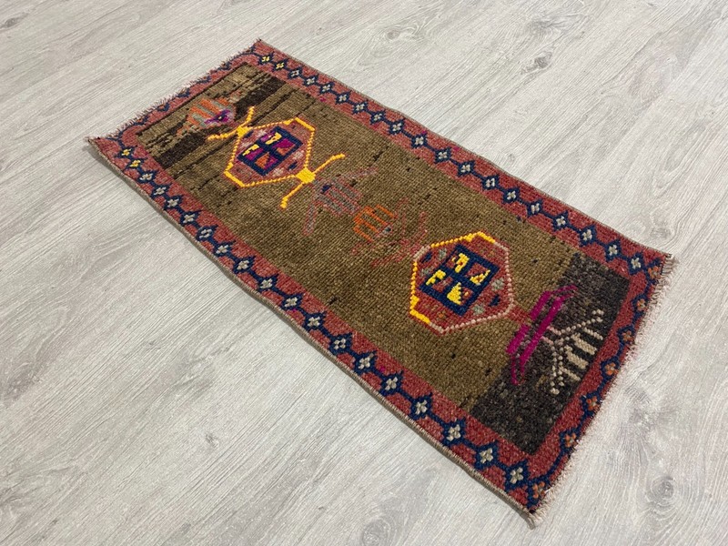 Brown Green Turkish Runner Rug Handmade Vintage Wool Hallway Rug 1.2x2.5 Ft gallery
