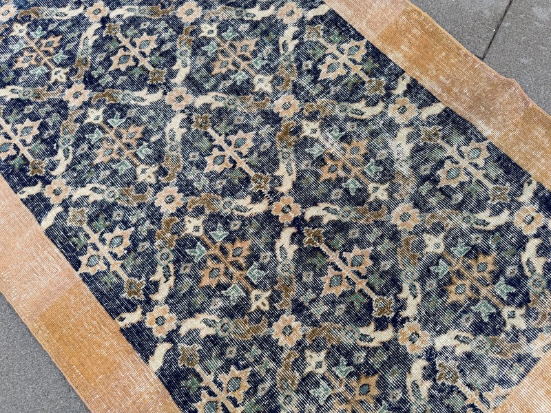 Vintage Turkish Rug 3.7x6.9 ft Blue Beige Handmade Wool Area Rug Distressed gallery