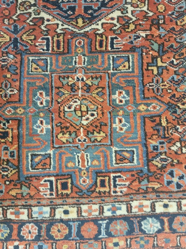 Antique Oriental Hand-Knotted Wool Area Rug Red/Ivory/Blue 4' x 5' gallery