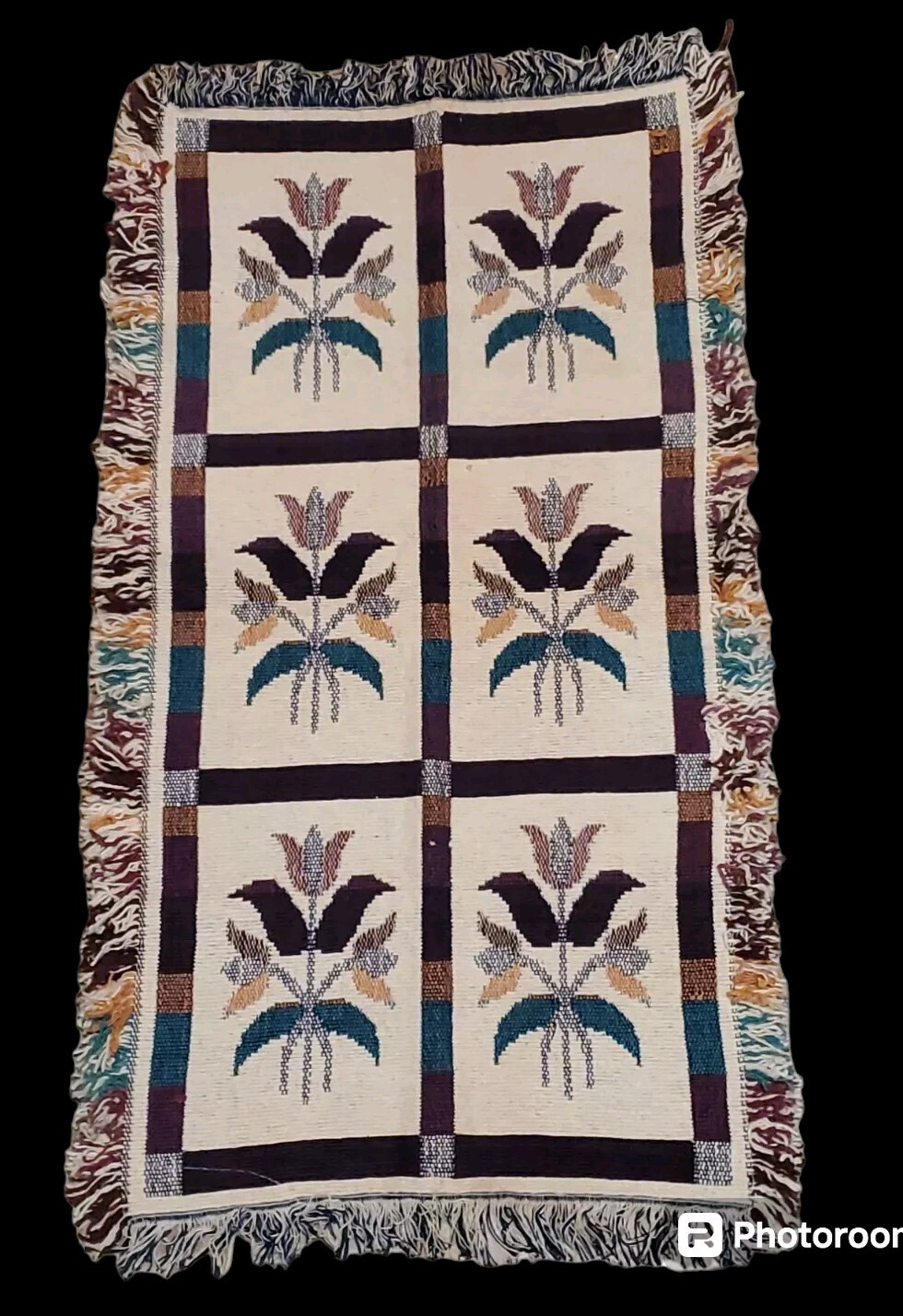 Jacquard Rug 20" X 40" Handwoven Cotton Floral w Fringe Made in India gallery